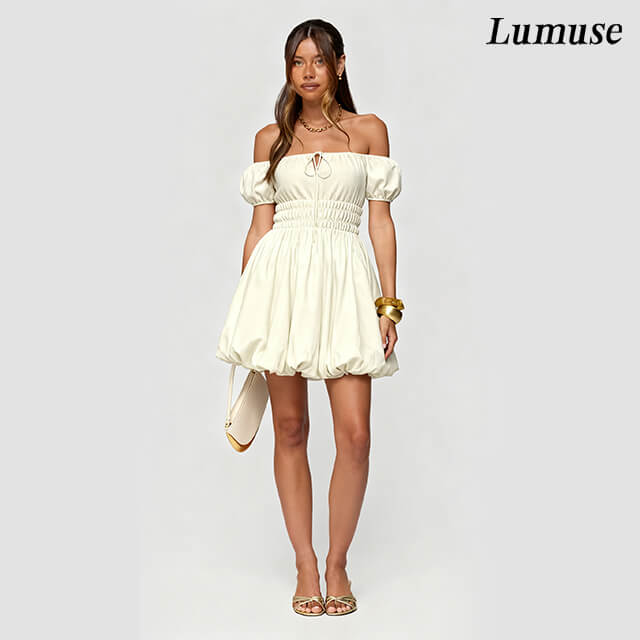 Cream Off-Shoulder Bubble Mini Dress