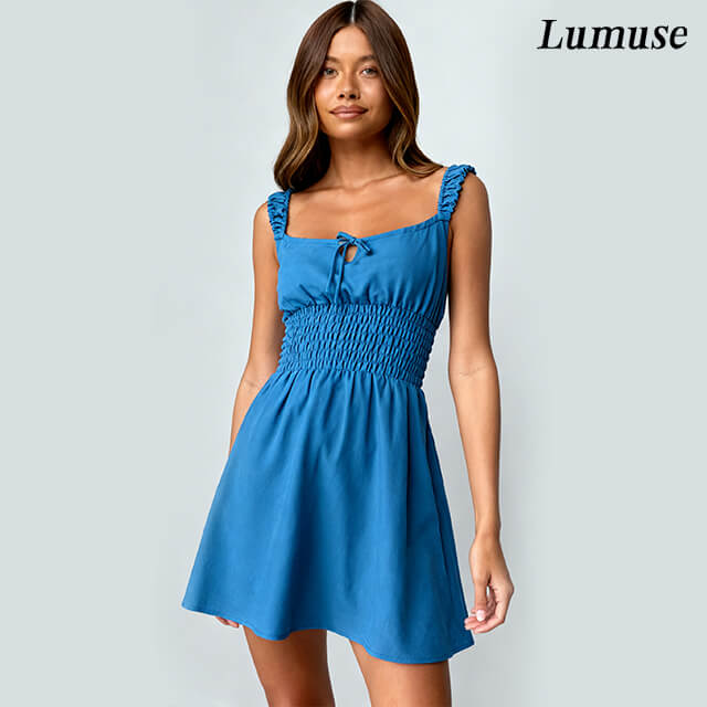 Blue Square-Neck Smocked Mini Dress 