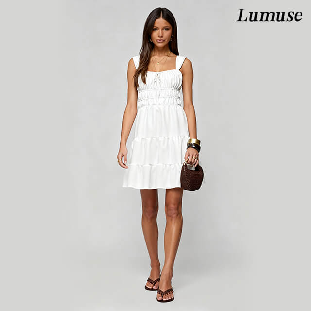 White Square-Neck Ruched Mini Dress