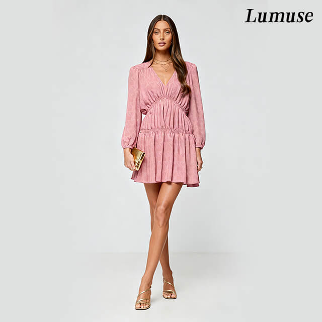 Pink V-Neck Ruched Tiered Mini Dress 