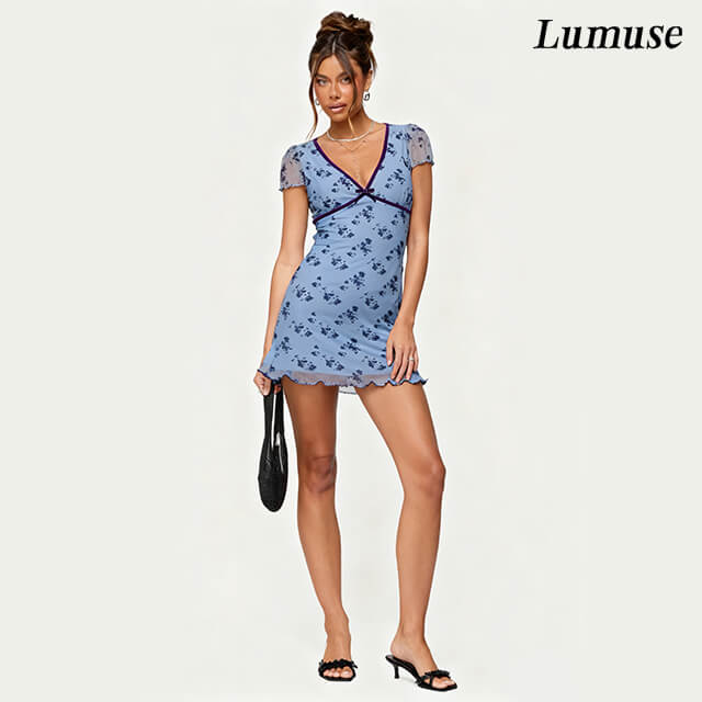 Blue Floral Sheer-Panel Wrap Mini Dress