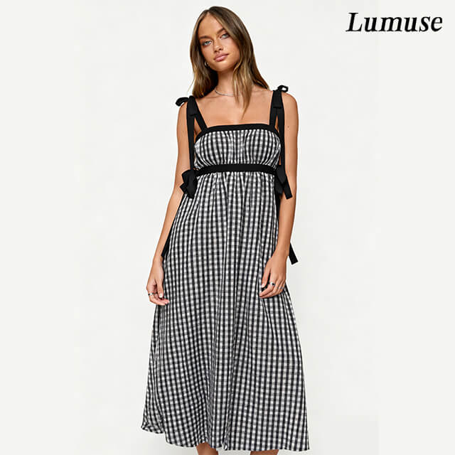 Black Gingham Tie-Shoulder Midi Dress