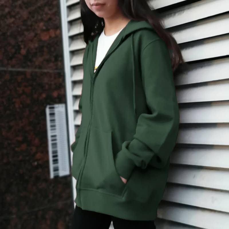 Custom Logo Spring Autumn Casual Stylish Oversize Solid Drop Shoulder French Terry Zipper Up Loose Fit Plain Hoodie for Women